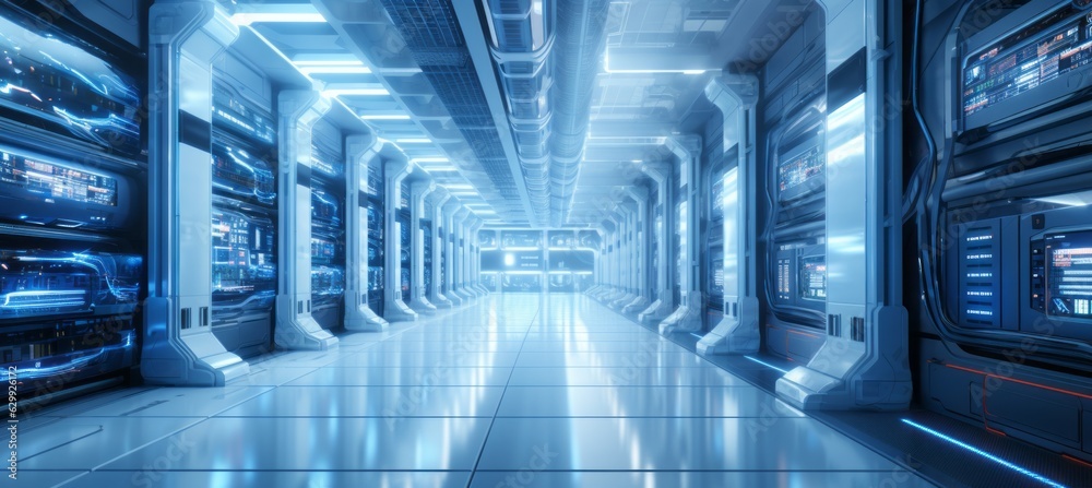 Poster futuristic server room data interior background. generative ai technology.