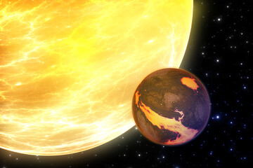 Planet outside our solar system. Exoplanet and exoplanetary system, space background.