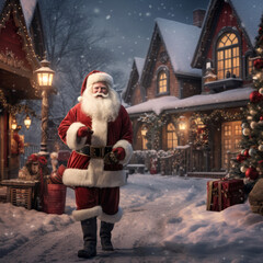 Santa Claus in a snowy Christmas village