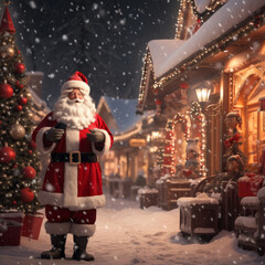 Fototapeta premium Santa Claus in a snowy Christmas village