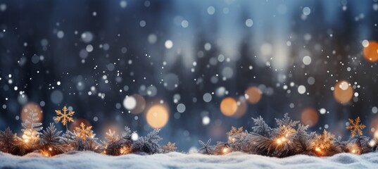 Fototapeta na wymiar Winter snowfall bokeh forest night background. Christmas and new year event concept. Generative AI technology.