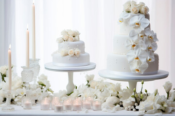 Fototapeta na wymiar White multi-tiered wedding cake in white tones. The concept of the holiday. 