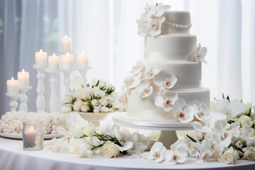White multi-tiered wedding cake in white tones. The concept of the holiday. 