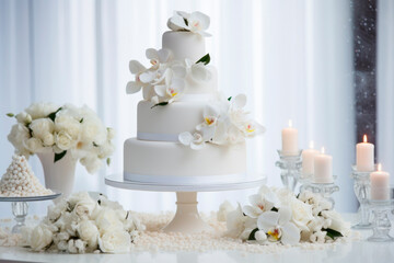 White multi-tiered wedding cake in white tones.