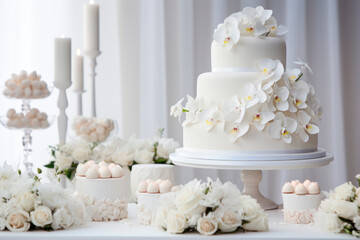 Fototapeta na wymiar White multi-tiered wedding cake in white tones. The concept of the holiday. 