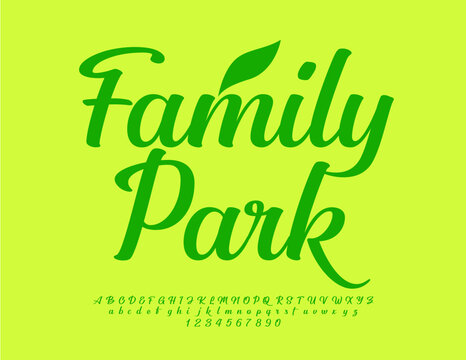 Vector eco template Family Park. Stylish Cursive Font. Green Alphabet Letters, Numbers and Symbols set