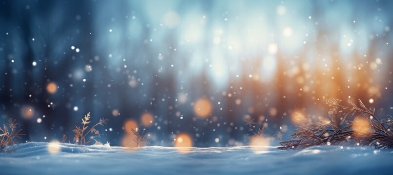 Bokeh winter forest background. Christmas and new year event concept. Generative AI technology.