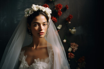 ortrait of a woman/model/bride in a wedding dress engagement fashion/beauty editorial magazine style film photography look - generative ai art