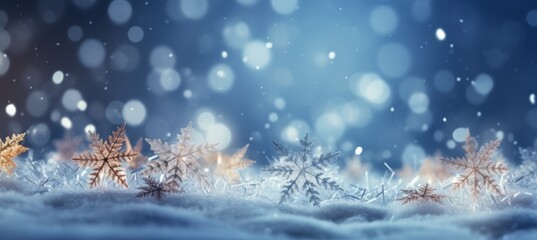 Fototapeta na wymiar Winter snowflakes bokeh sparkle lights background. Christmas and new year event concept. Generative AI technology.
