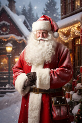 Santa Claus in a snowy Christmas village