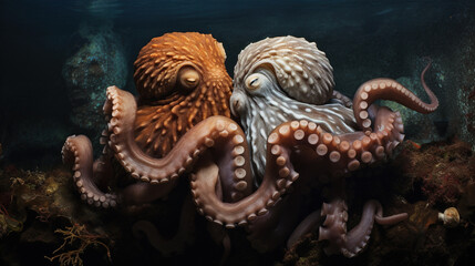 Obraz premium two octopuses gently entwined in a loving embrace, exhibiting their unique and affectionate behavior
