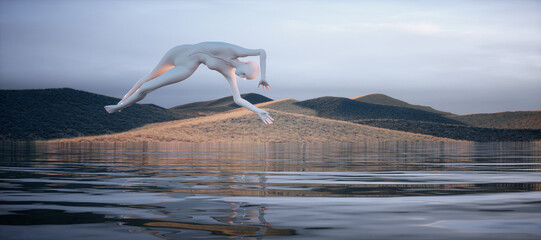 Abstract woman jumping into the lake .