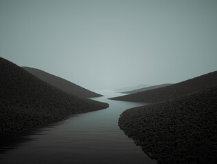 Surreal image with river among the hills in fog.