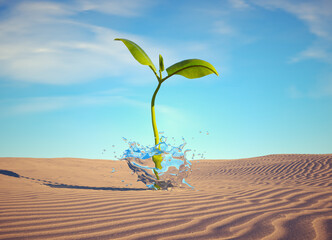 Small plant in the desert. Power of water. Start up and confidence concept.
