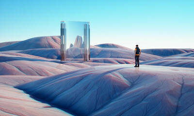 Surreal landscape with a man looking at a big mirror. Escape and dreaming concept.