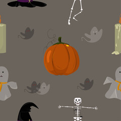 Seamless halloween pattern with ghosts, skeleton, pumpkin, hat of witch and candle. Vector illustration