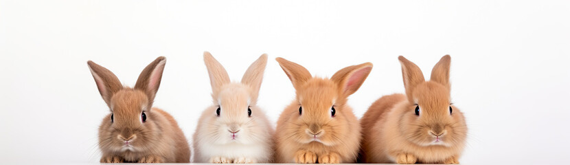 Fototapeta premium Many cute and colorful fluffy baby rabbits on white background. Panorama