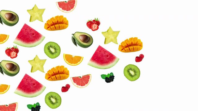 footage fresh fruit slice animated on white background