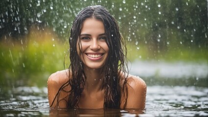 Fototapeta premium Portrait of beautiful erotic smiling wet black hair woman in the water in the rain. Generative AI