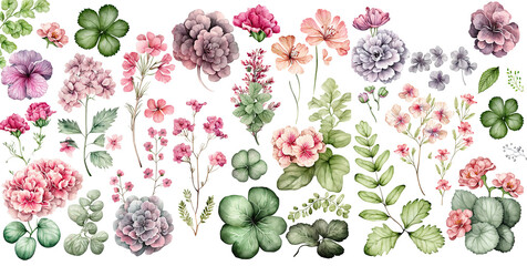 Set of flowers watercolor collection of hand drawn, flowers Pink Geraniums color, flowers elegant watercolor , flowers isolated transparent background, PNG.