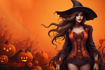Illustration of cute halloween witch on jack pumpkin orange background.