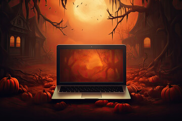 Laptop with jack-o'-lantern pumpkins and a house in a scary forest. Electronics advertising poster mockup for halloween sales.