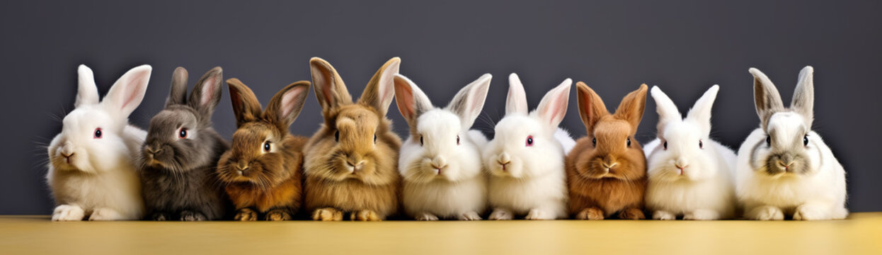 Many cute and colorful fluffy baby rabbits on white background. Panorama