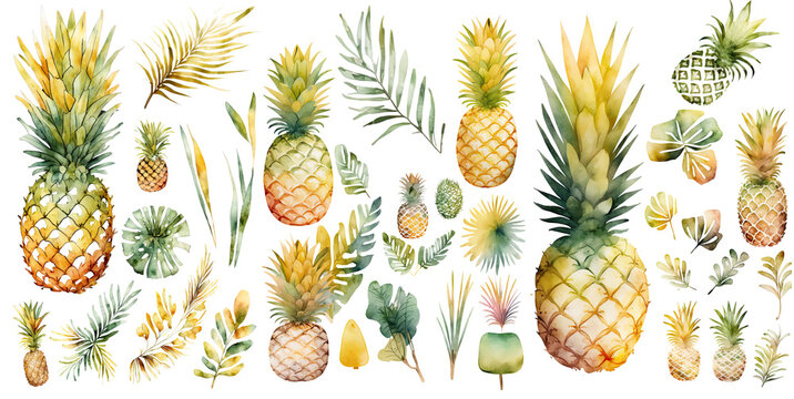 Set of pineapple watercolor collection of hand drawn, pineapple yellow color, pineapple elegant watercolor illustration , pineapple isolated transparent background, PNG.