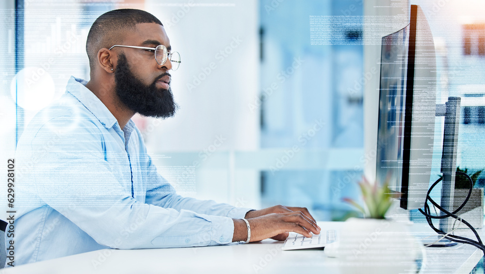Poster Black man, finance or trader typing on computer for stock market or cryptocurrency website for payment. Overlay, password or financial investor trading online for savings investment growth in office