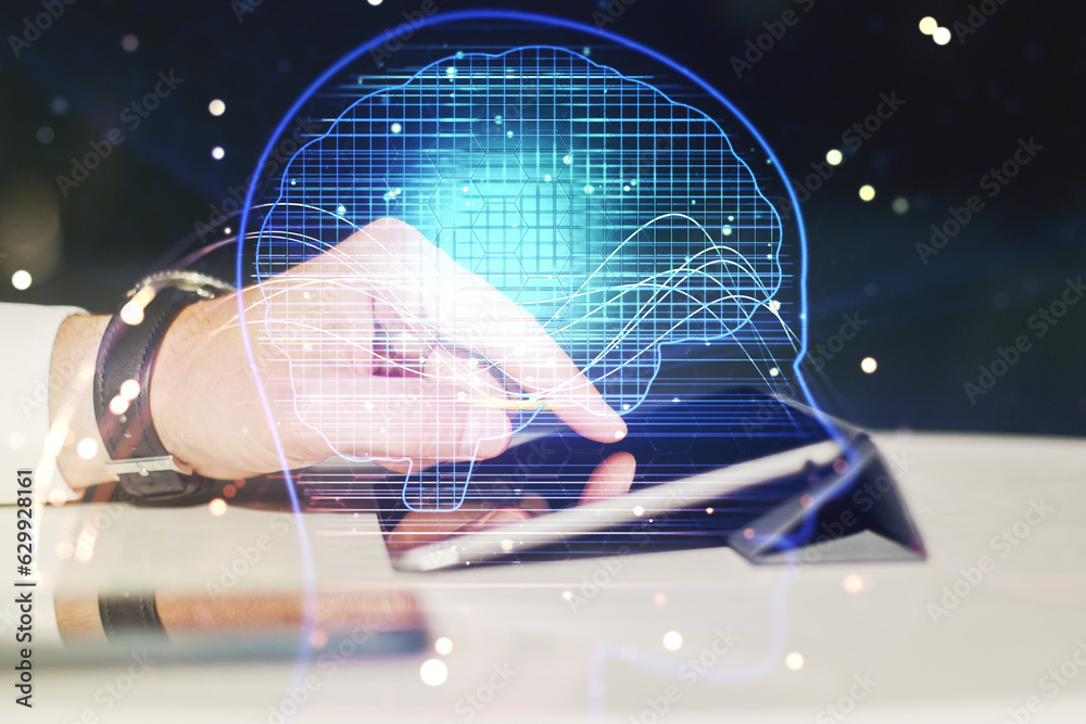 Aufkleber double exposure of creative artificial intelligence symbol with finger clicks on a digital tablet on