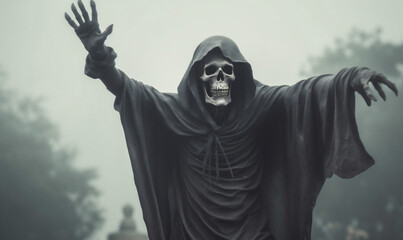 horror death halloween creepy hood skeleton ghost night fear evil. Generative AI.