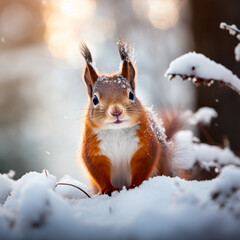 Cute red squirrel in the snow - obrazy, fototapety, plakaty