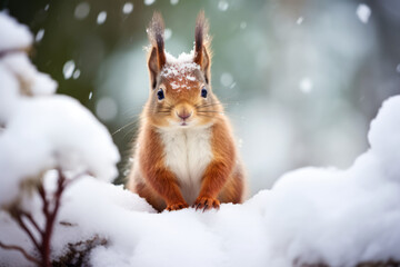 Cute red squirrel in the snow