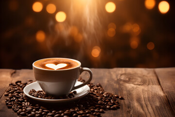Obraz premium Cup of coffee latte with heart shape and coffee beans on old wooden background with morning lighting, AI Generative