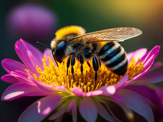 Close up a honey bee pollinating and collecting nectar over a beautiful flower. Seasonal background with the beautiful light of the rising sun. Spring time design for banner or poster. Ai Generated.