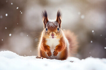 Cute red squirrel in the snow