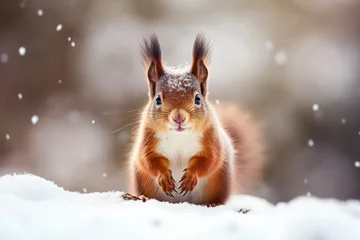 Foto auf Glas Cute red squirrel in the snow © Guido Amrein