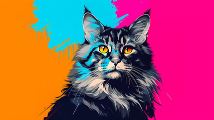 Maine Coon cat face vector illustration in abstract mixed grunge colors digital painting in minimal graphic art style. Digital illustration generative AI.