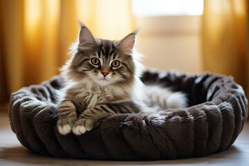 A happy kitten sits on a brown fluffy pet bed in an apartment.