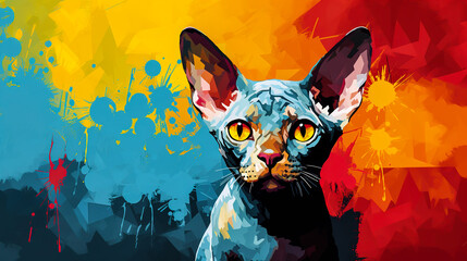 Devon Rex cat face vector illustration in abstract mixed grunge colors digital painting in minimal graphic art style. Digital illustration generative AI.