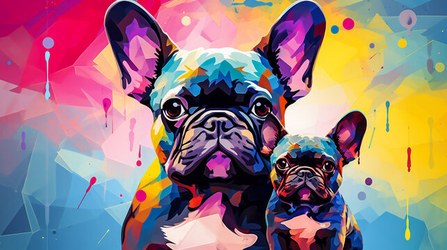 Fototapeta French bulldog mom and her puppy vector illustration in abstract mixed grunge colors digital painting in minimal graphic art style. Digital illustration generative AI.