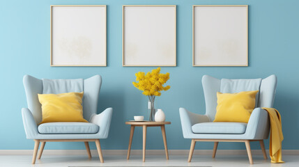 A living room with two chairs and a table. Digital image. Painting mockup.