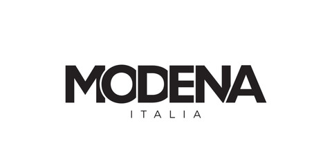 Modena in the Italia emblem. The design features a geometric style, vector illustration with bold typography in a modern font. The graphic slogan lettering.