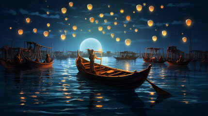travel night festival light boat lantern water lamp river celebration. Generative AI.