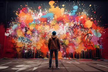 graffiti artist spray painting wall - obrazy, fototapety, plakaty