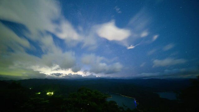 Cosmic Splendor: Gazing upon the Night Sky from the Summit. Starry sky in summer at Crocodile Island in Shiding District, New Taipei City.