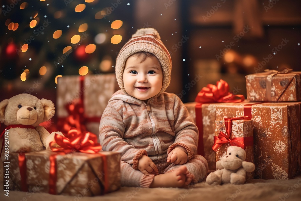 Wall mural cute baby sitting under christmas tree and guardian gifts