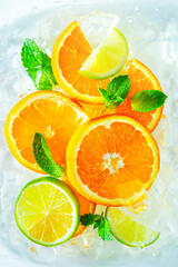 Fresh juicy slices of orange and lime with mint and ice.