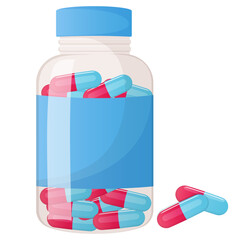 Two color pills in a bottle with pills outside the bottle