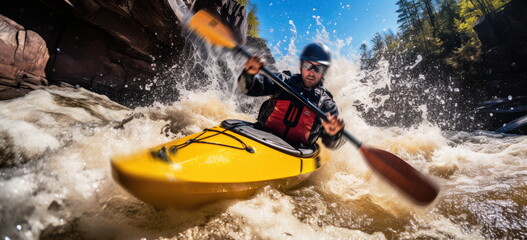 whitewater kayaking, down a white water rapid river in the mountains. Blurred human motion. rough waters. Hand edited generative AI.
